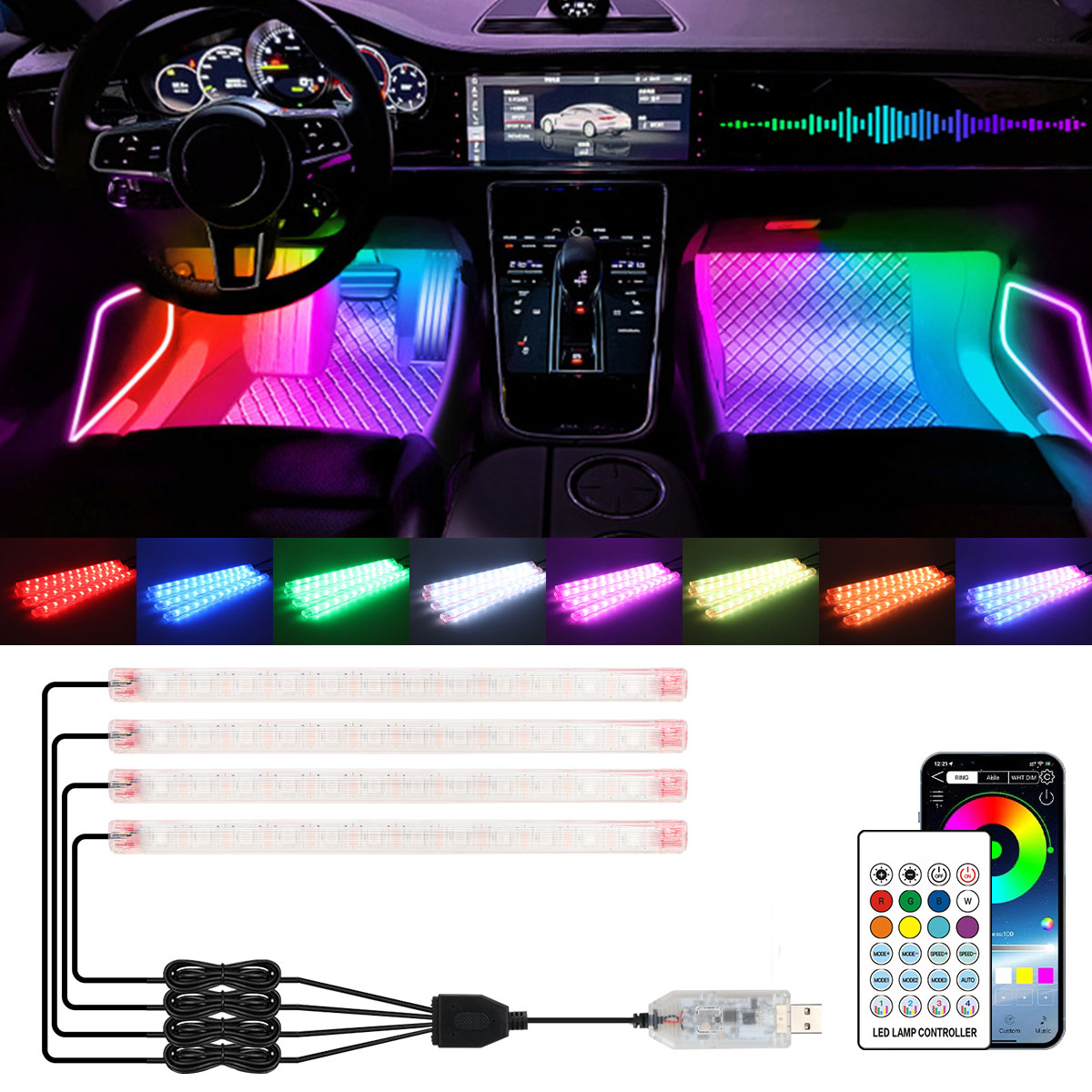 2/4in1 12/18 LED RGB 레인보우 분위기  - Led Ambient Interior Car Lights App Control 리뷰 및 가격